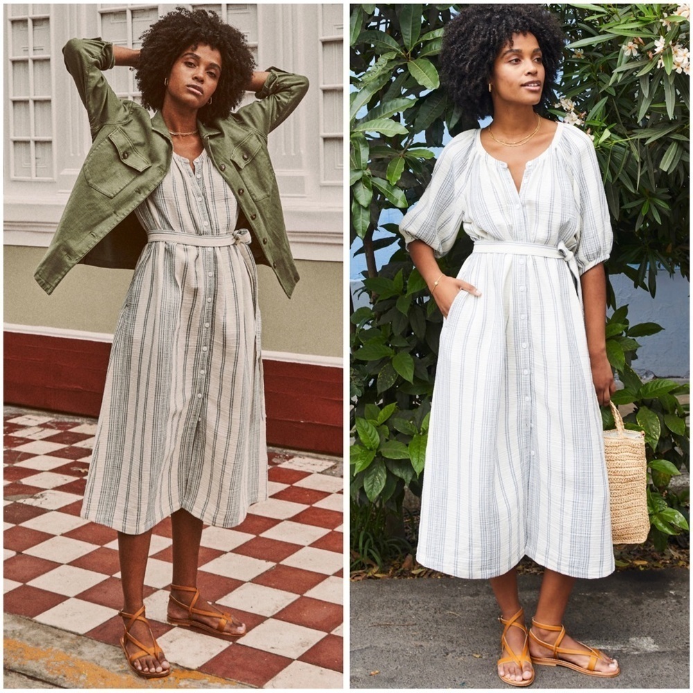 FAHERTY Boho Minimalist Oversized Carmel Dream Stripe Gauze Midi Dress Sz S NWT - Picture 2 of 14